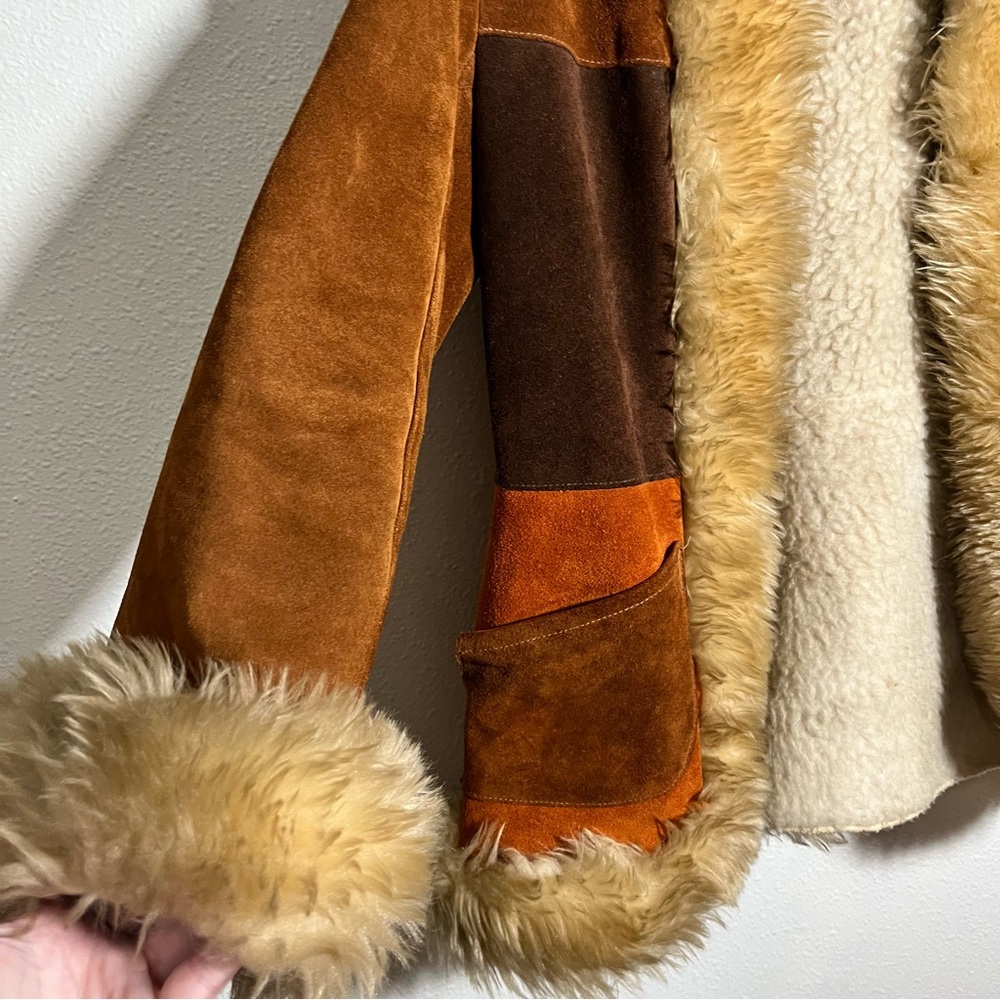 True vintage 70s Penny Lane patchwork suede Jacket Fur Trim coat sz S M as is - Picture 2 of 12